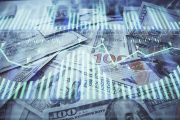 Double exposure of data theme drawing over us dollars bill background. Technology concept.