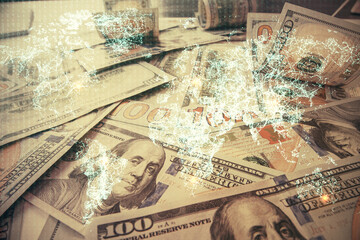 Multi exposure of social network drawing over us dollars bill background. Concept of people connection.