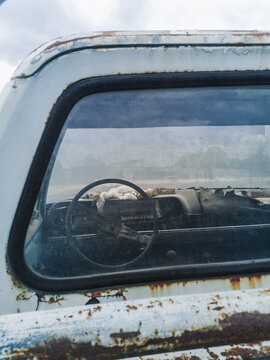 Front of the dashboard of an abandoned vehicle