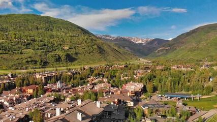 Aerial view of Vail hotels and city homes, Colorado, USA