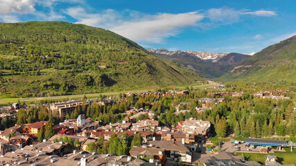 Aerial view of Vail hotels and city homes, Colorado, USA - obrazy, fototapety, plakaty