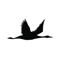 Vector black hand drawn flying crane bird silhouette isolated on white background