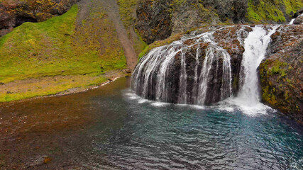 Stjornarfoss, Iceland. Beautiful aerial view of waterfalls in summer season