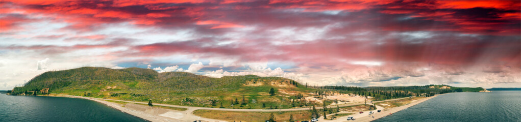 Panoramic aerial view of Yellowstone Lake and Mountains at sunset,  Wyoming