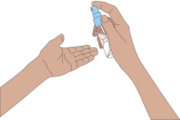 Hands with antibacterial sanitizer, spraying desinfecting liquid. Vector cartoon illustration