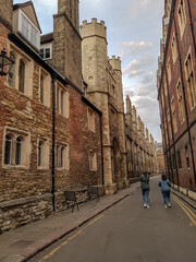 narrow vintage street in the old town of Cambridge England UK