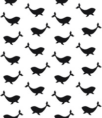 Vector seamless pattern of hand drawn whale silhouette isolated on white background