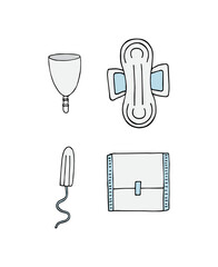 Vector set bundle of colored hand drawn doodle sketch menstrual pad tampon and cup isolated on white background © Sweta