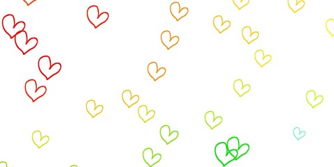 Light Green, Red vector background with Shining hearts.