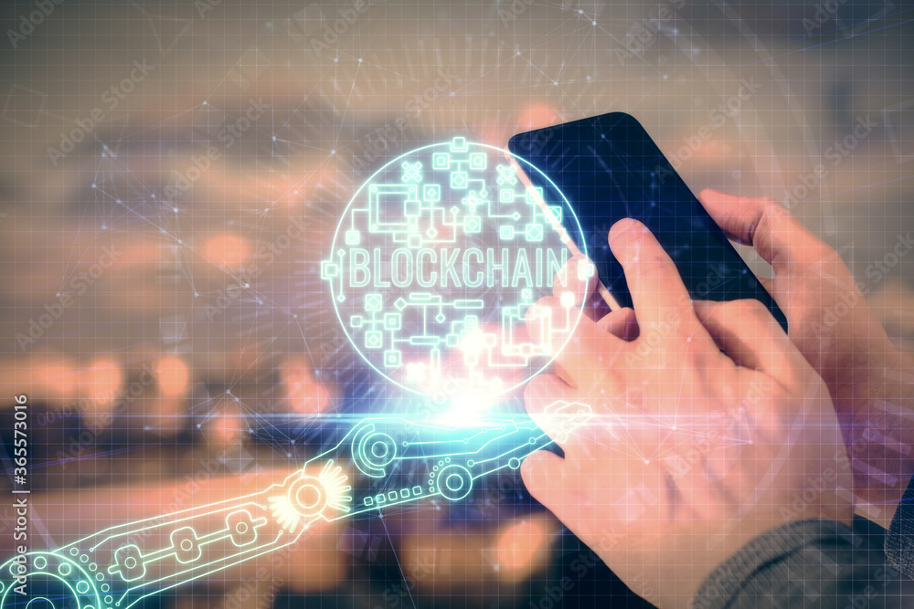 Poster double exposure of man's hands holding and using a phone and crypto currency blockchain theme drawin
