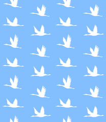 Fototapeta na wymiar Vector seamless pattern of white hand drawn flying crane bird silhouette isolated on blue background