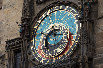 Close up detail of bohemian astronomical clock with sun and moon zodiac signs and animated figures in old town prague czech republic europe
