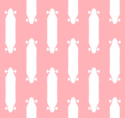 Vector seamless pattern of flat white longboard skateboard silhouette isolated on pink background