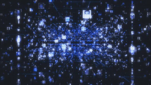 Artificial intelligence concept background as motion in the searching stream of portraits linked by dark blue network grid in social network. 3D rendering 4K