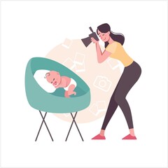 A mother photographs a newborn baby in the cradle. A woman takes pictures of her baby sleeping. Vector, flat style, isolated. Cartoon characters young girl with a child, photo.