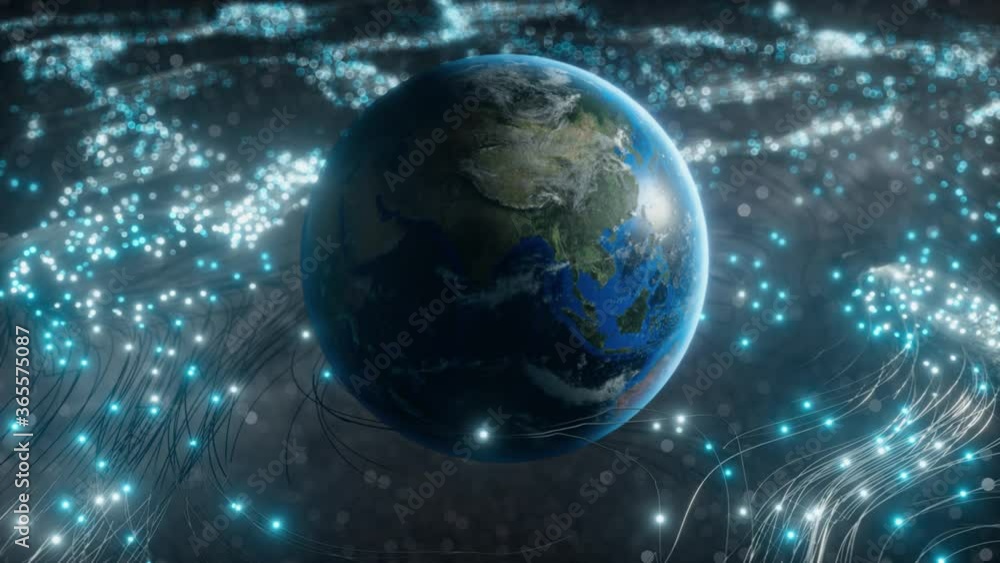 Poster a rotating globe in optical fiber clouds transmitting signals throughout the universe in space. the 