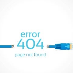 Page not found Error 404, broken blue patch cord isolated over white background