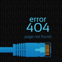 Page not found Error 404, blue patch cord over black background