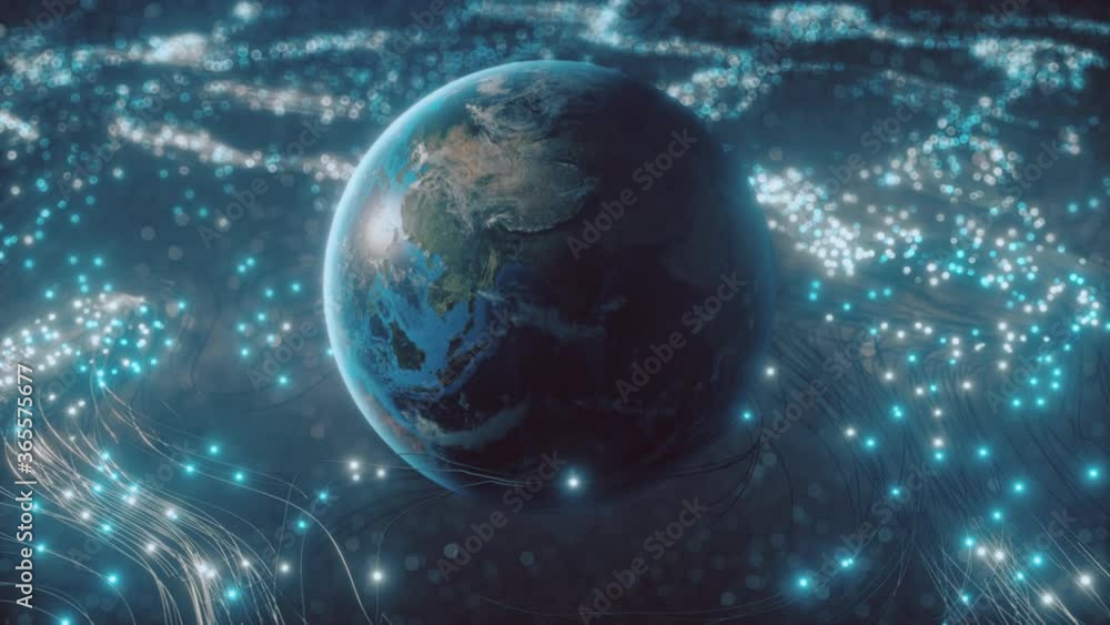 Poster a rotating globe in optical fiber clouds transmitting signals throughout the universe in space