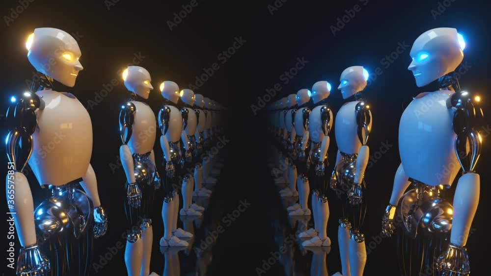 Poster an endless corridor of robots facing each other. future technology and artificial intelligence conce
