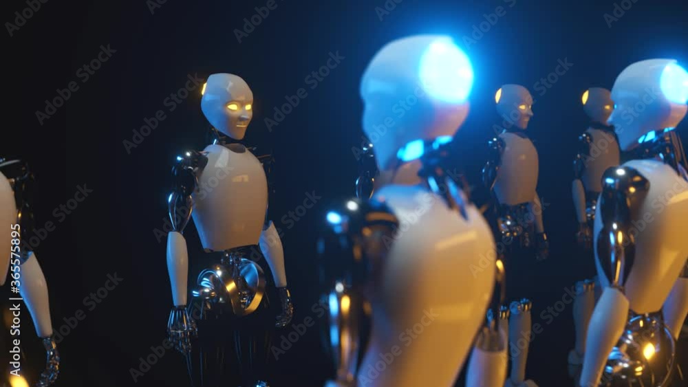 Poster an endless corridor of robots facing each other. future technology and artificial intelligence conce
