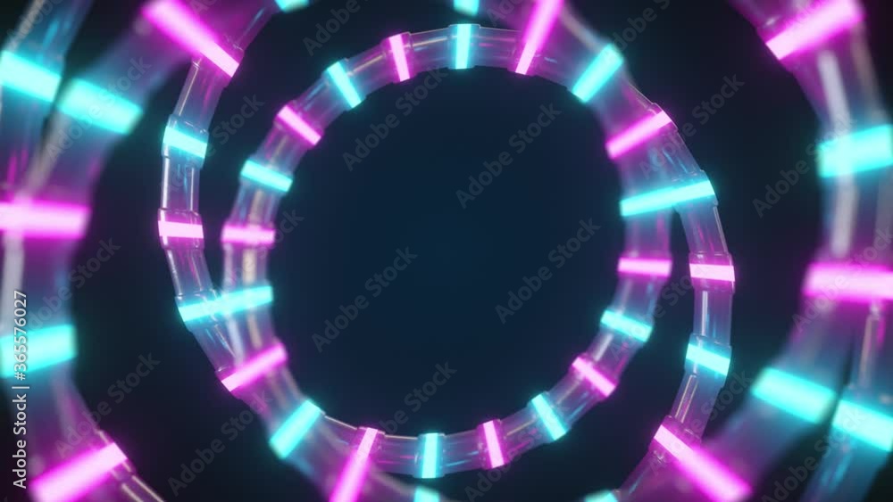 Poster an abstract metallic structure with a neon glow spins in an endless loop. modern ultraviolet blue pi