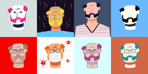Middle aged man faces. Anti virus mask. Colored pack of various sets and silhouette. Avatar. Vector Flat Illustration