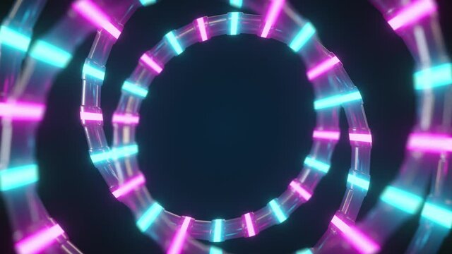 An abstract metallic structure with a neon glow spins in an endless loop. Modern ultraviolet blue pink light spectrum. Seamless loop 3d render