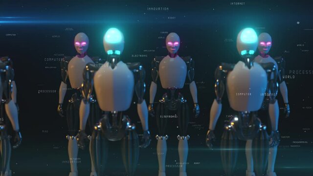 An endless corridor of robots facing each other. Future technology and artificial intelligence concept. Words flying by robots. Blue and pink neon glow. Seamless loop 3d render