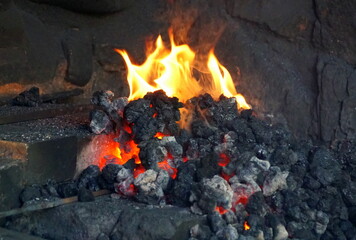 Close up of the lit up coal fire