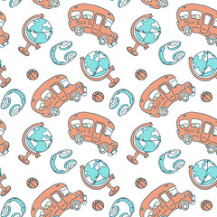 School bus and globe on white backdrop. Study seamless pattern for wallpaper, wrap paper, sleeper, bath tile, apparel or bed linen Phone case or cloth print. Doodle style stock vector illustration