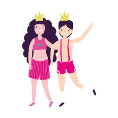 pride parade lgbt community, woman and man together with crown characters