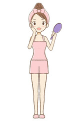 手鏡をもつルームウエアの女の子