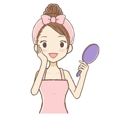 手鏡をもつルームウエアの女の子　上半身