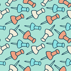 Colored pushpins on green backdrop. Stationery seamless pattern for wallpaper, wrap paper, sleeper, bath tile, apparel or bed linen Phone case or cloth print. Doodle style stock vector illustration