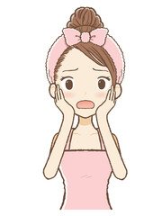 ルームウエア女子  頬に手をあて困った表情 上半身