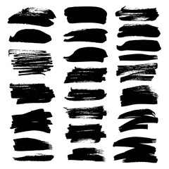 Set of black textured strokes drawn by flat brush isolated on a white background