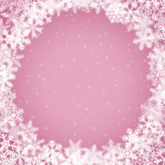 Christmas background of snowflakes of different shape, blur and transparency, arranged in a circle, on pink background