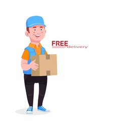 Smiling young male postal delivery courier delivering package, Character isolated on white background, vector illustration