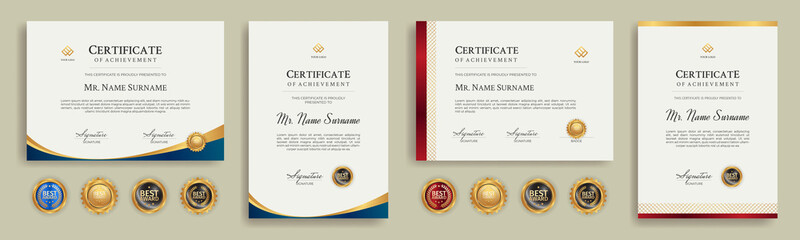 Diploma certificate border template set with badges for award, business, and education