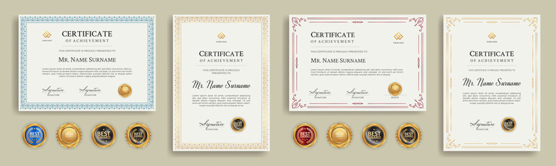 Diploma certificate border template set with badges for award, business, and education