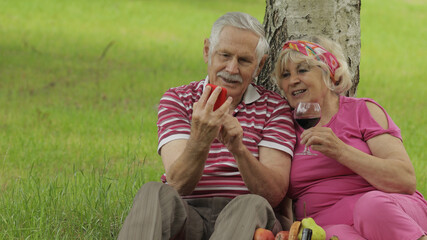 Family picnic. Senior old grandparents couple in park using smartphone online browsing, shopping