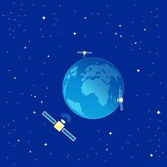 Fototapeta premium telecommunications satellites above the planet, vector illustration