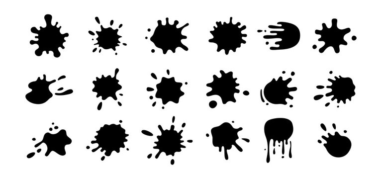 Splash shape collection. Black silhouette, round ink splatter set, decorative shapes liquids. Stain ink collection, paint blob, splashes drops, spatters cartoon style. Isolated vector illustration