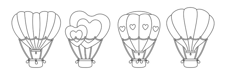 Hot air balloon black linear set. Outline heart shaped or circle. Cartoon Valentine day design air balloons contour collection. Festivals or wedding journey air transport. Vector Isolated illustration