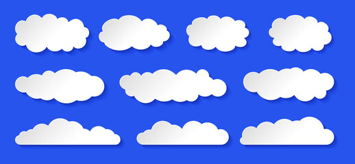 Cloud set, white paper style. Different cumulus clouds with shadow and volume. Design elements shape cloudy sky. Chat banner blank apps and website cartoon collection. Isolated vector illustration