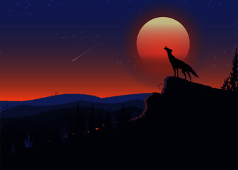 Vector illustration of a howling wolf standing on the hill with a panoramic view of mountains, forest and beautiful sunset scenery concept isolated