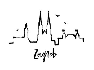 Skyline Zagreb Croatia one line ink vector city