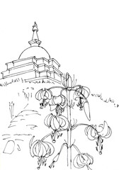 wild siberian lilies on Ogoy island on Baikal lake against the backdrop of a Buddhist stupa , graphic black and white drawing, travel sketch.