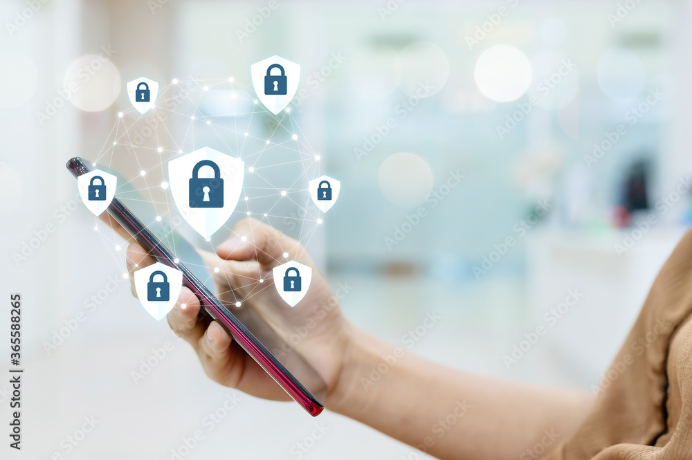 Poster female hand using mobile smart phone with icon graphic cyber security network of connected devices a